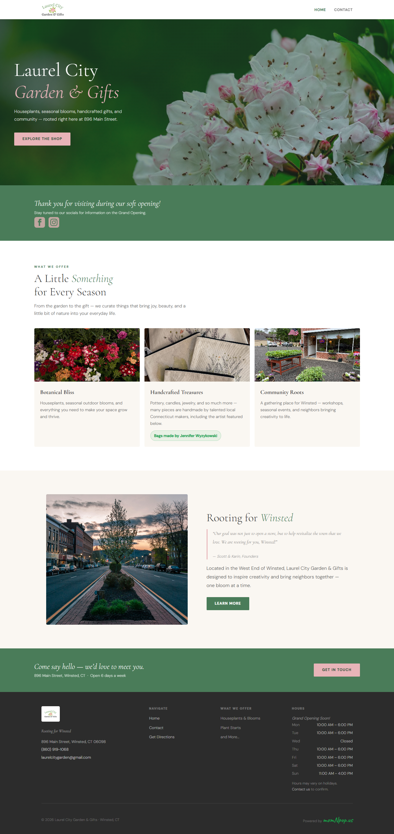 Full-page screenshot of a local business website built by momNpop.us